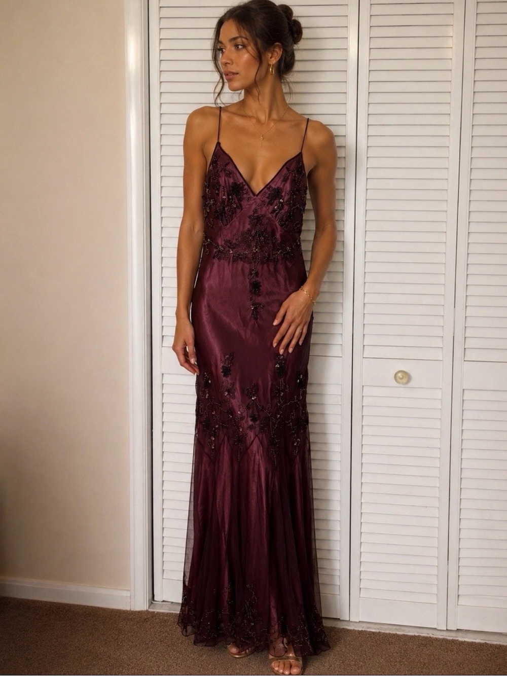 VTG Y2K Papell Evening Silk Beaded Fairy Maxi Dress Burgundy Sheer Whimsigoth